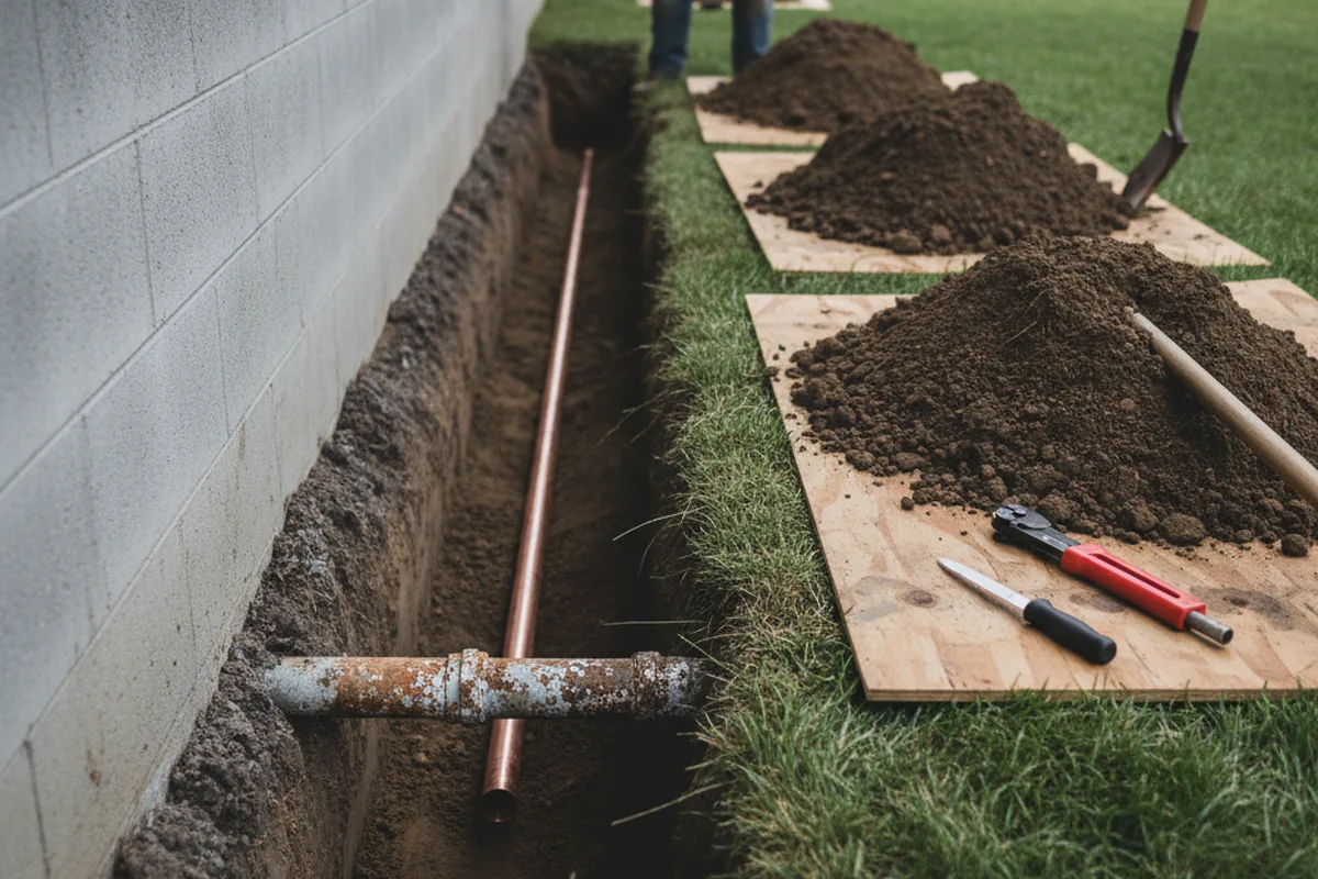 Excavated water line trench during Water Softener Installation in York Harbor